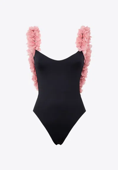 La Reveche Amira One-piece Swimsuit With Floral Applique In Black