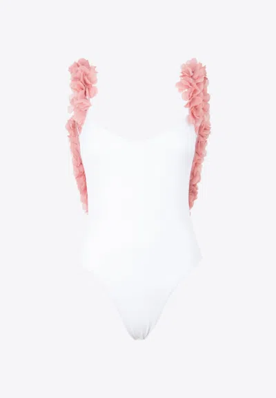 La Reveche Amira One-piece Swimsuit With Floral Applique In White,pink