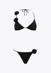La Reveche Triangle Design Bikini With Handmade Floral Embellishments In Black