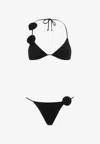 La Reveche Triangle Design Bikini With Handmade Floral Embellishments In Black