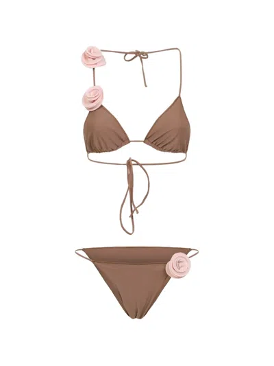 La Reveche Ashar 3d Flower Halterneck Bikini In Brown