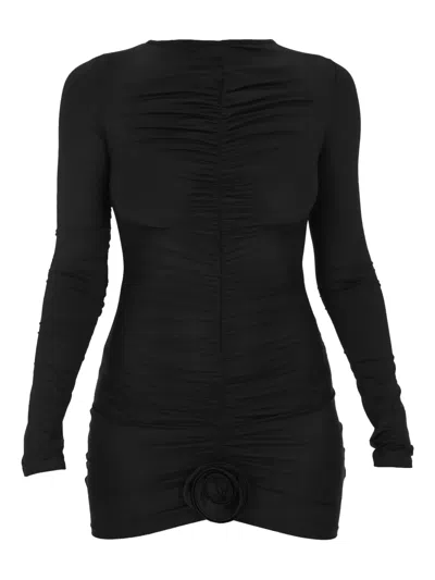 La Reveche Lillibet Long-sleeve Rose-embellished Mini Dress In Black