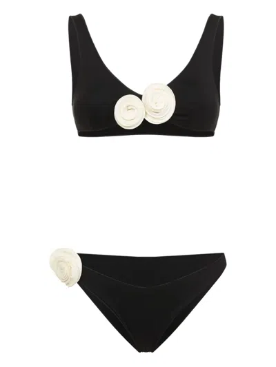 La Reveche Nuha Floral Applique Bikini In Black
