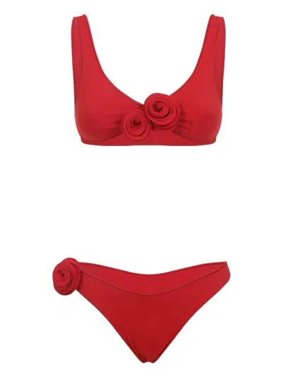 La Reveche Rose-accented Red Bikini Set With Scoop Neckline