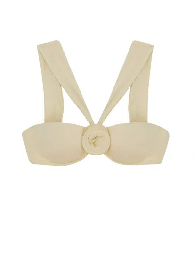 La Reveche Embellished-rose Bikini Top In Neutral