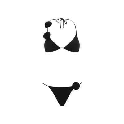 La Reveche Triangle Design Bikini With Handmade Floral Embellishments In Black