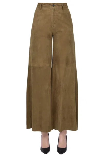 La Reveuse Suede Trousers In Olive Green