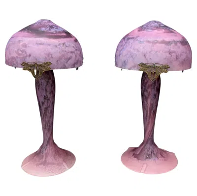 Pre-owned La Rochere Pair Of French  Art Nouveau Mushroom Table Lamps With Dragonflies In Transparent