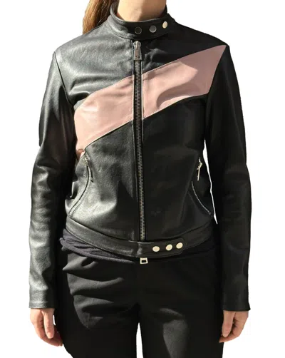 La Rose Black Leather Jacket In Black/baby Pink