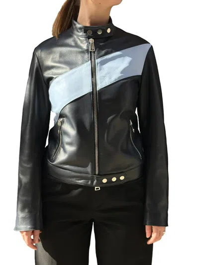 La Rose Leather Bomber Jacket Color Block Design In Black