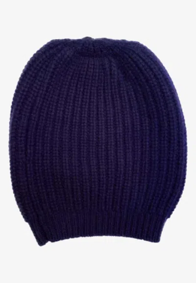 La Rose Cashmere Ribbed Beanie In Blue