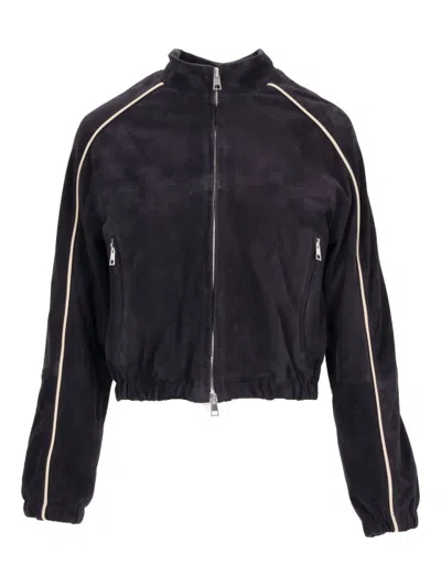 LA ROSE CONTRAST-PIPING CROPPED BOMBER JACKET