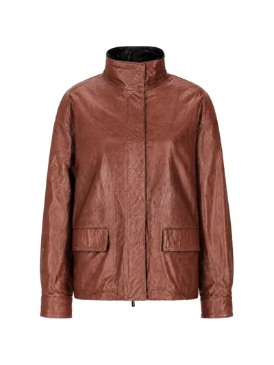 La Rose Lederjacke Mit Knitteroptik In Brown