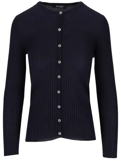 La Rose Cash/silk Ribs R Neck Cardigan In Blue