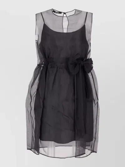 La Rose Layered Dress Sheer Overlay Tie Waist In Black