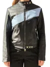 La Rose Zip-up Leather Bomber Jacket In Black/baby Blue