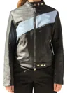 La Rose Zip-up Leather Bomber Jacket In Black/baby Blue