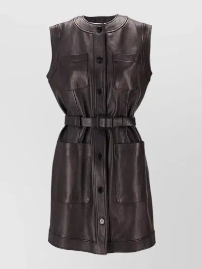 La Rose Leather Jacket Belted Waist Chest Pockets In Black