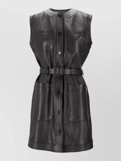 La Rose Leather Jacket Belted Waist Chest Pockets In Black