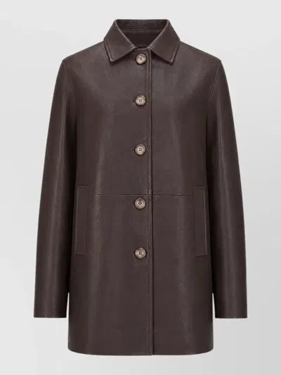 La Rose Leather Single Breasted Coat In Brown