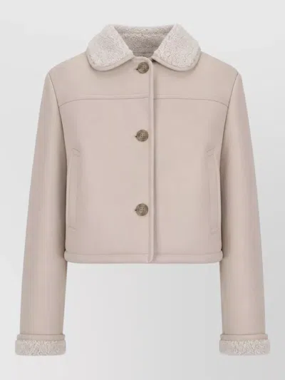 La Rose Cropped Shearling Collar Leather Jacket In Neutral