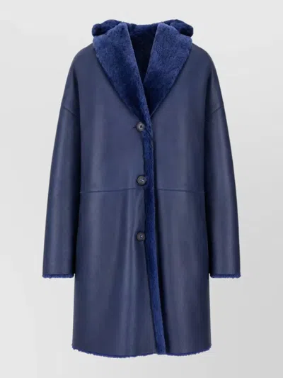 La Rose Longline Shearling Jacket Oversized Collar In Blue