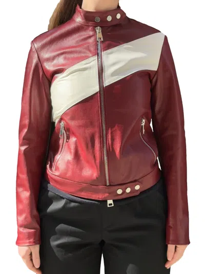 La Rose Maroon Leather Jacket In Bordeaux/white