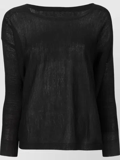 La Rose Merino Wool Fine-knit Boat Neck 3/4-sleeve Asymmetric Hem Top In Black