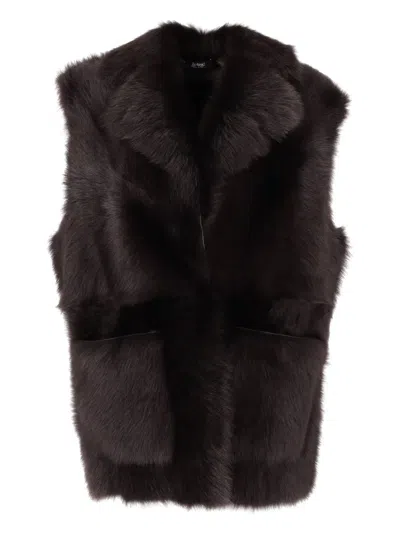 La Rose Long Hair Faux Fur Sleeveless Gilet In Brown