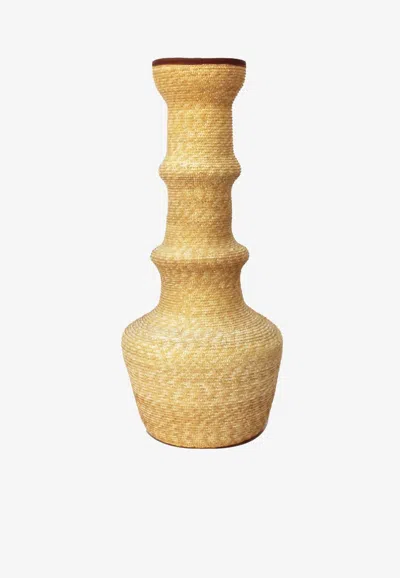 La Rose Raffia And Leather Trim Vase In Sand