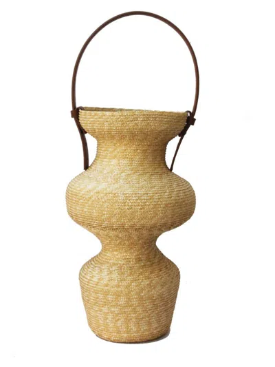 La Rose Raffia And Leather Vase In Beige