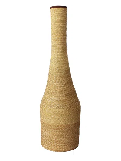 La Rose Raffia And Leather Vase In Beige