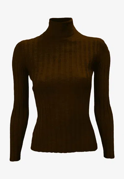 La Rose Ribbed High-neck Sweater In Brown