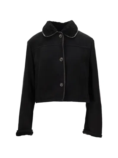 La Rose Shearling Collar Cropped Leather Jacket In Black