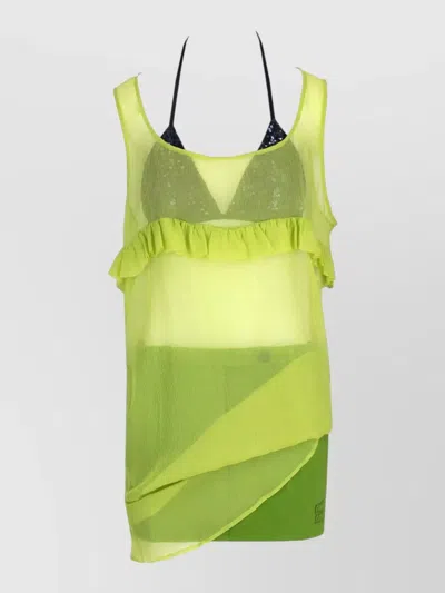 La Rose Silk Long Dress Rouches Asymmetrical Hem In Green