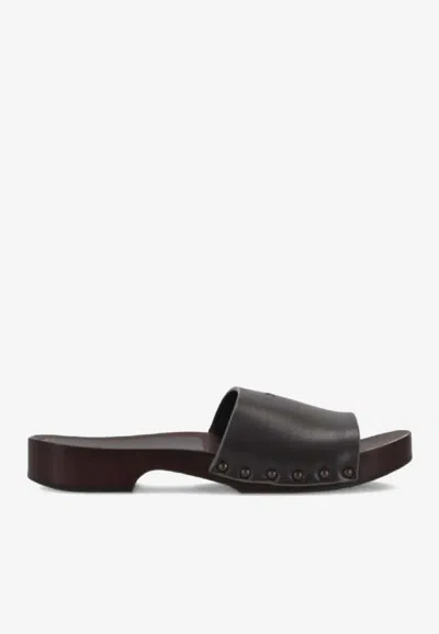 La Rose Studded Leather Clogs In Brown
