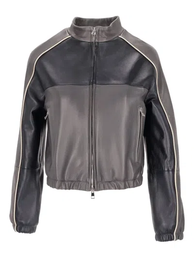 La Rose Two-tone Leather Bomber Jacket In Gray