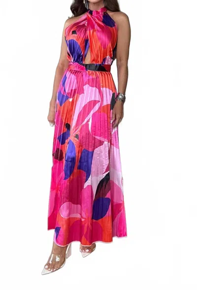 La Roseason Isabella Floral Pleated Open Back Maxi Dress In Fuchsia Multi