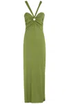 La Semaine Paris Ribbed Jersey Midi Dress With Ruffle Accent And Horn Ring Detail In Green