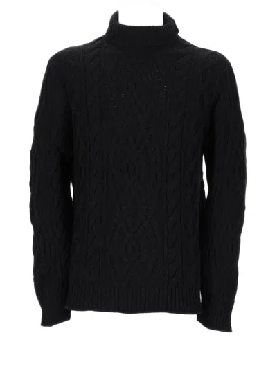 La Société Black Cable-knit Sweater With Ribbed Turtleneck And Intricate Patterns