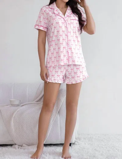 La Society Bowknot Print Short Sleeve And Shorts Pajama Set In Pink
