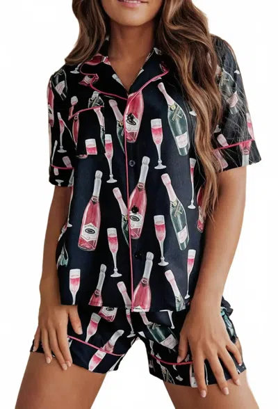 La Society Champagne Pajamas Set In Black In Blue