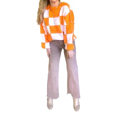La Society Checkered Bishop Sleeve Sweater In Orange