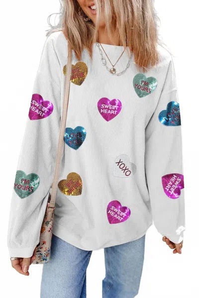 La Society Conversation Hearts Sequin Long Sleeve Top In White