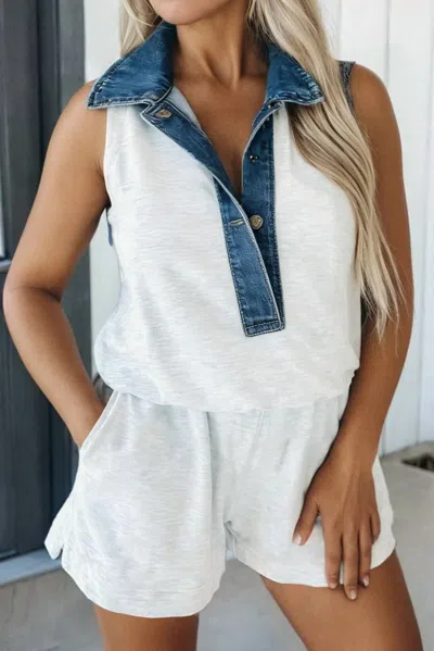 La Society Denim Patchwork Polo Elastic Waist Romper In Light Grey In White