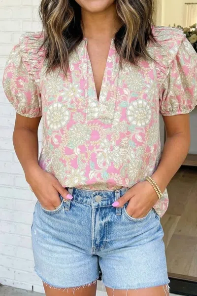 La Society Floral Short Puff Sleeve Blouse In Pink