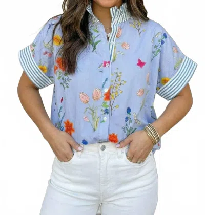 La Society Floral Striped Printed Button Top In Sky Blue