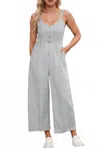 La Society Half Buttoned Wide Leg Jumpsuit In Black Stripe In Gray