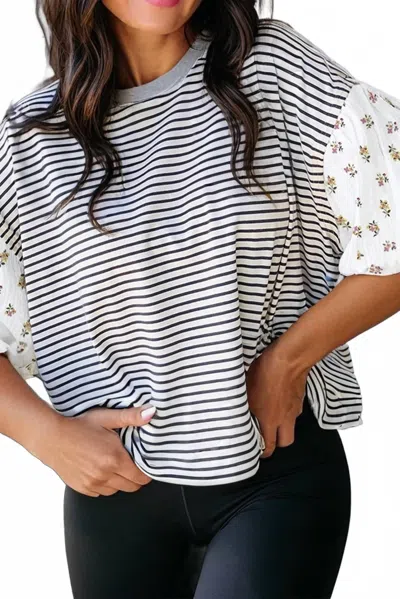 La Society Kaitlin Floral Puff Sleeve Top In Black In Neutral