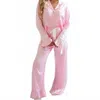 La Society Satin Top With Bows & Ruffled Pants Lounge Set In Soft Pink In Pink